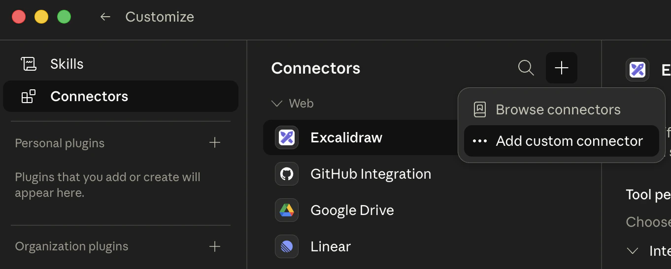 Customize > Connectors page with the + menu open, showing the Add custom connector option