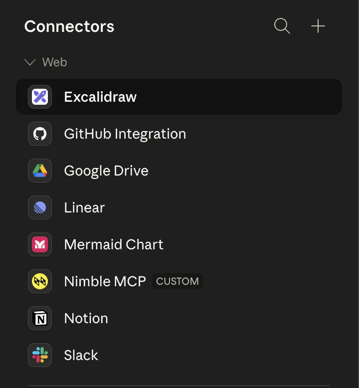 Connectors list showing Nimble MCP with a CUSTOM badge