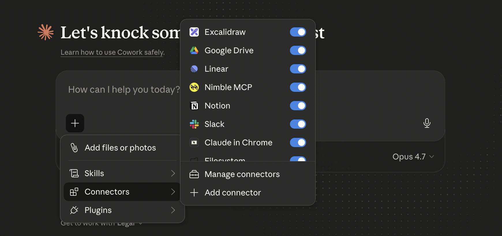Cowork new-task input with the + menu open: Connectors submenu shows Nimble MCP toggled on alongside Excalidraw, Google Drive, Linear, Notion, Slack, and Claude in Chrome