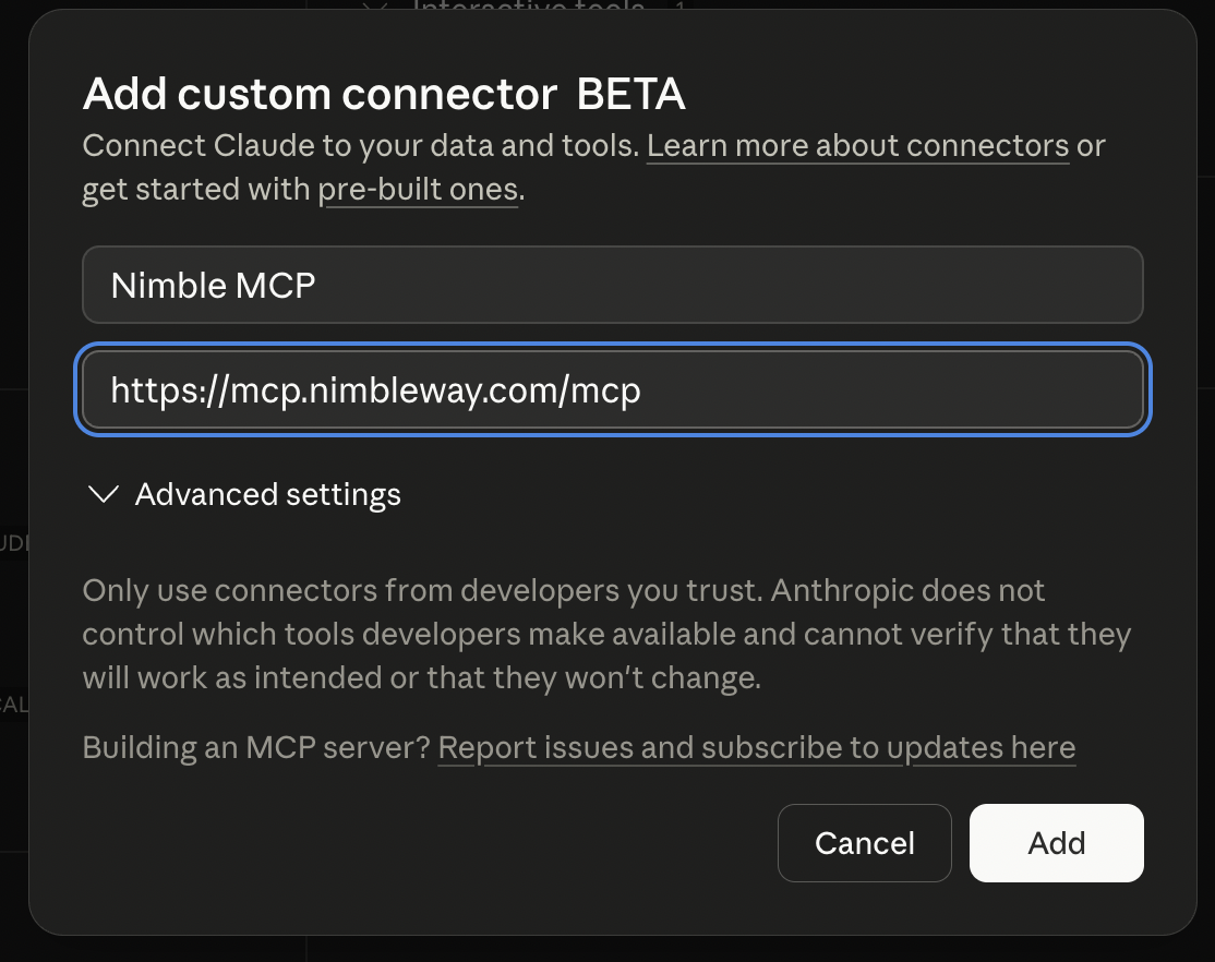 Add custom connector dialog with name 'Nimble MCP' and URL https://mcp.nimbleway.com/mcp