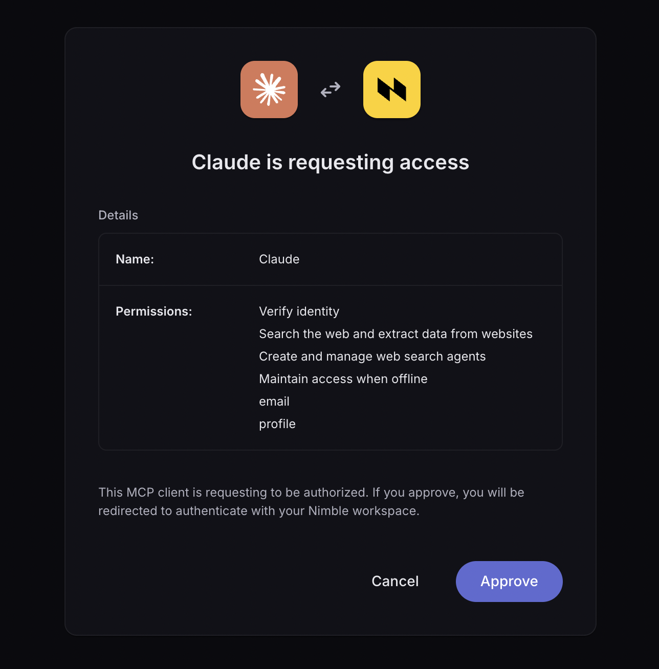 OAuth approval dialog: Claude is requesting access to Nimble with permissions to verify identity, search the web, extract data, manage Web Search Agents, and maintain access offline