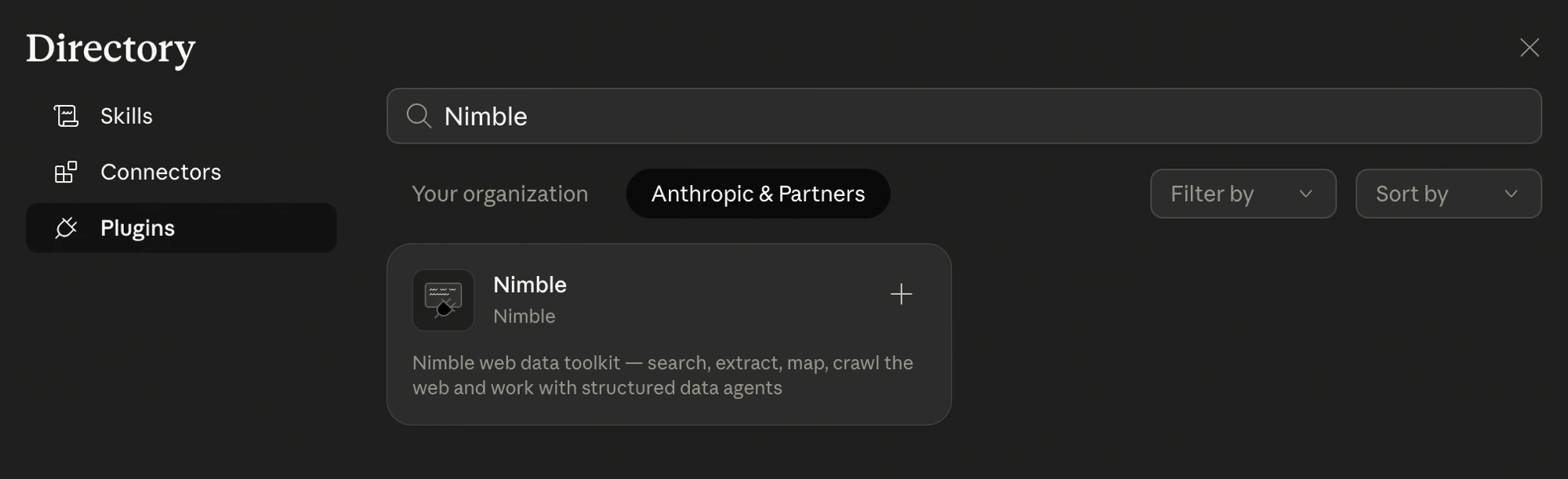 Directory with the Plugins tab and Anthropic & Partners filter selected, showing the Nimble plugin card