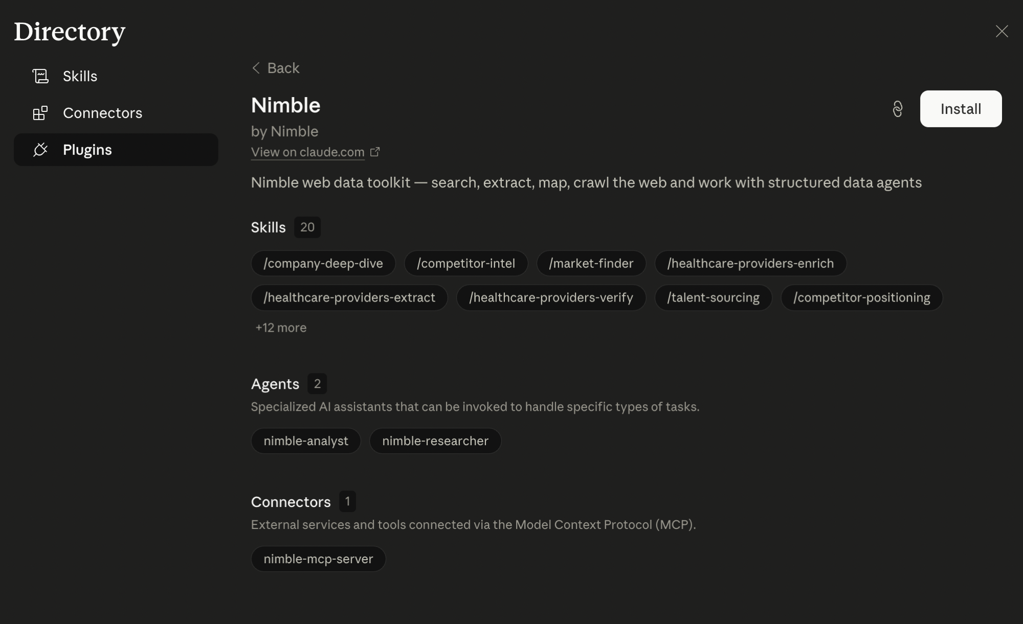 Nimble plugin detail page showing 20 skills, 2 agents, and the nimble-mcp-server connector, with an Install button