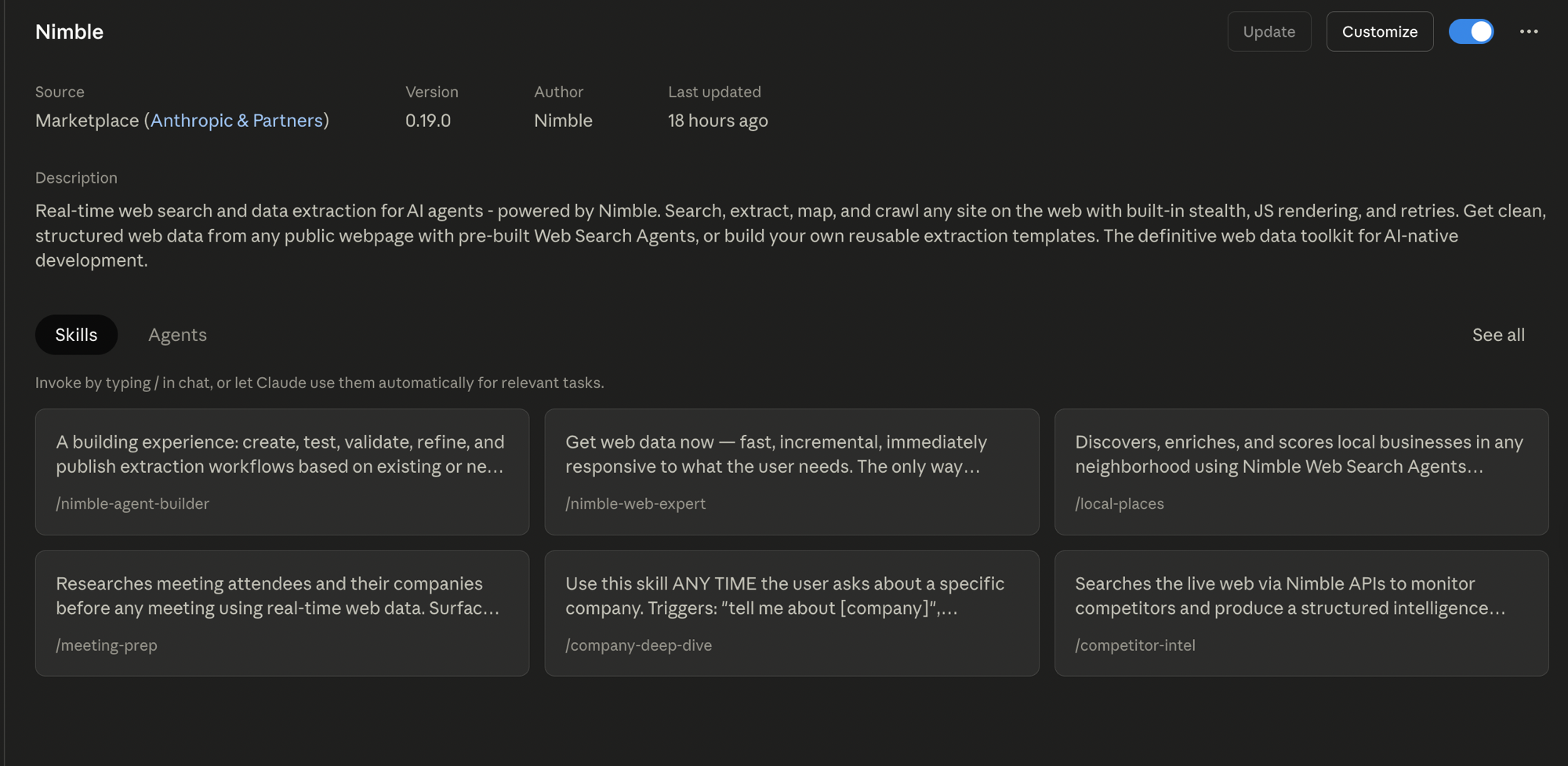Installed Nimble plugin page listing skills like /nimble-web-expert, /company-deep-dive, /competitor-intel, /local-places, /meeting-prep, and /nimble-agent-builder