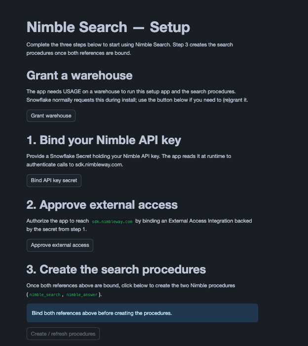 The Nimble Search setup screen with steps to bind the API key, approve external access, and create the procedures