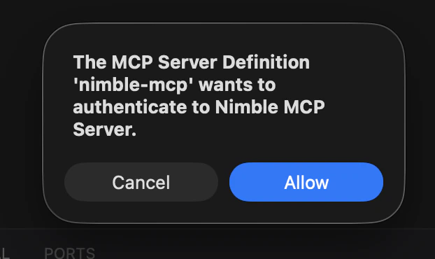 VS Code dialog requesting permission to authenticate to Nimble MCP Server