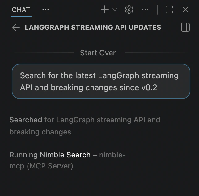 VS Code Copilot Chat running Nimble Search via the nimble-mcp MCP Server