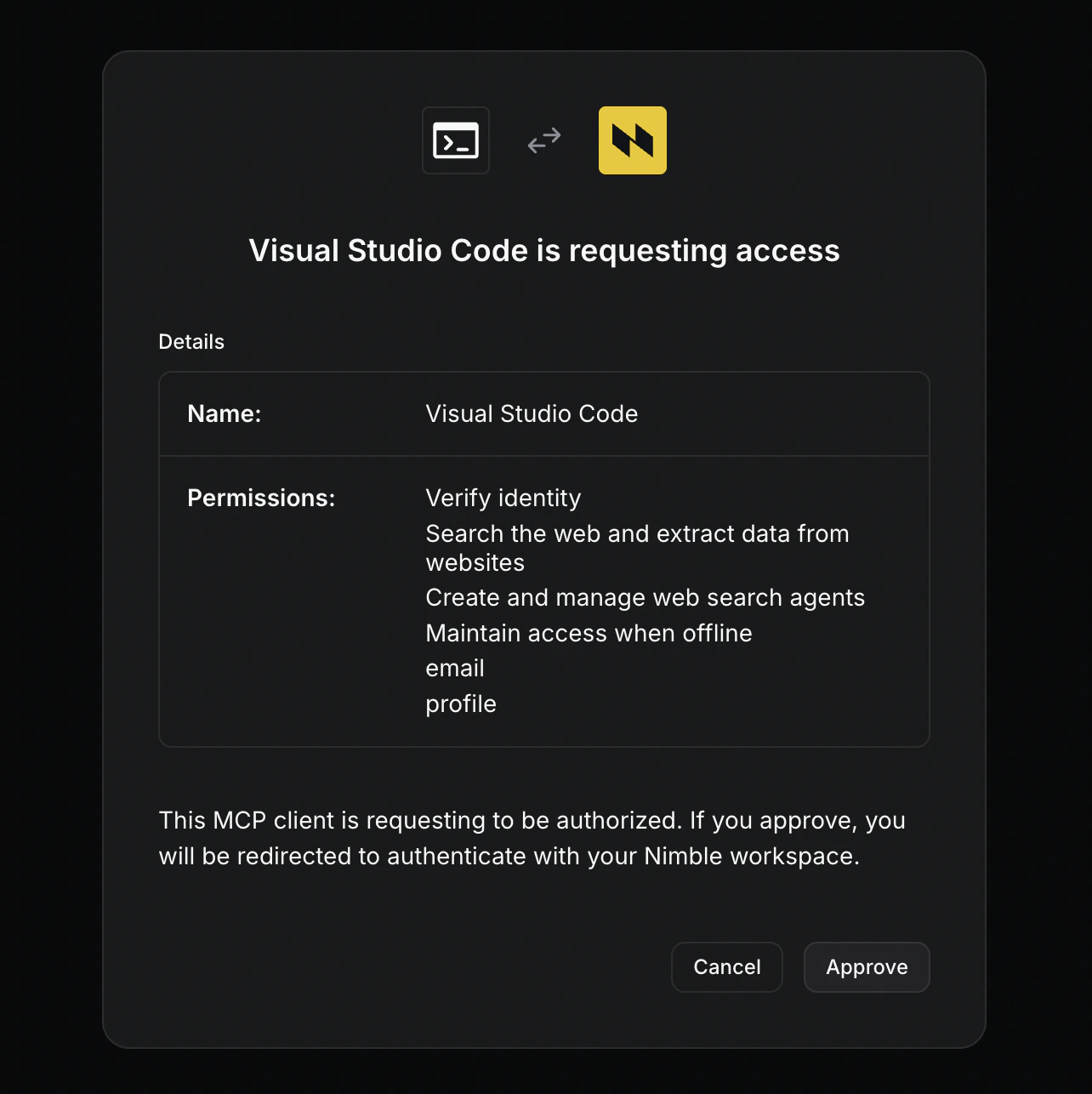 Nimble OAuth consent page showing Visual Studio Code is requesting access with permissions to verify identity, search the web, extract data, and manage Web Search Agents