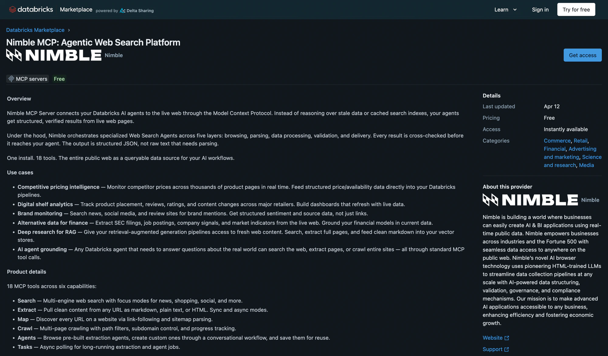 Nimble MCP: Agentic Web Search Platform listing on the Databricks Marketplace