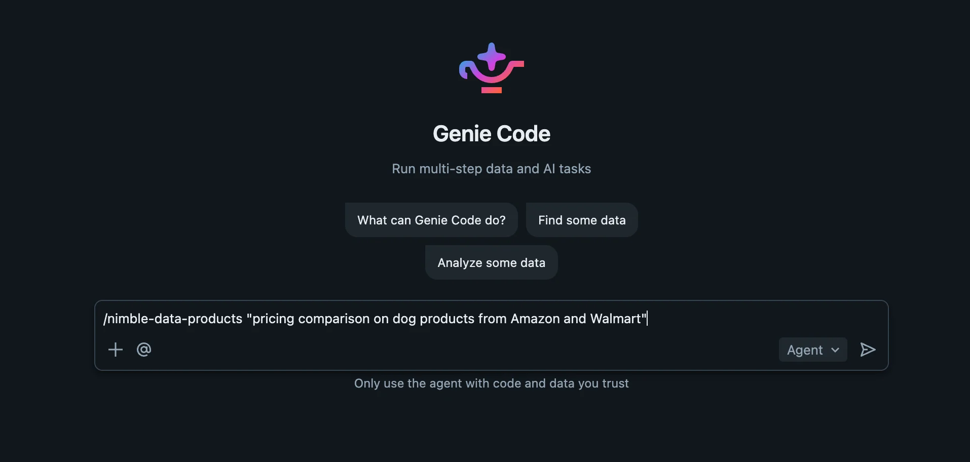 Genie Code with the nimble-data-products skill invoked: a plain-English brief, 'pricing comparison on dog products from Amazon and Walmart'