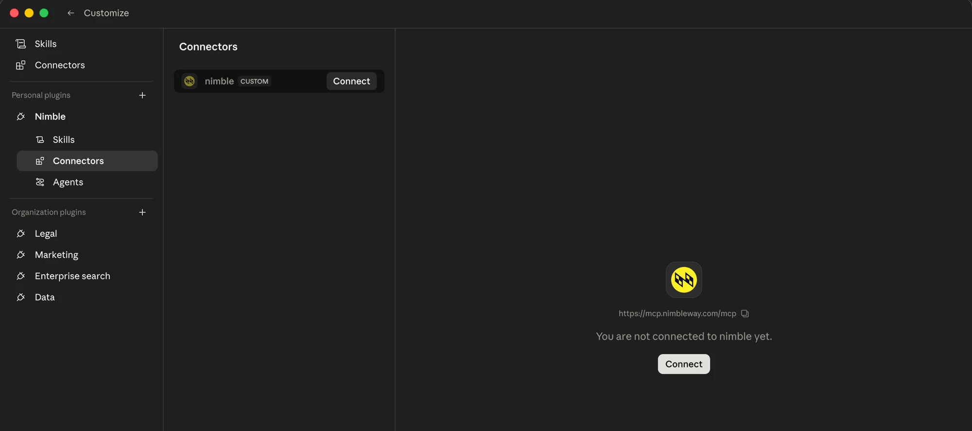 Nimble plugin Connectors page with the nimble (CUSTOM) connector and a Connect button