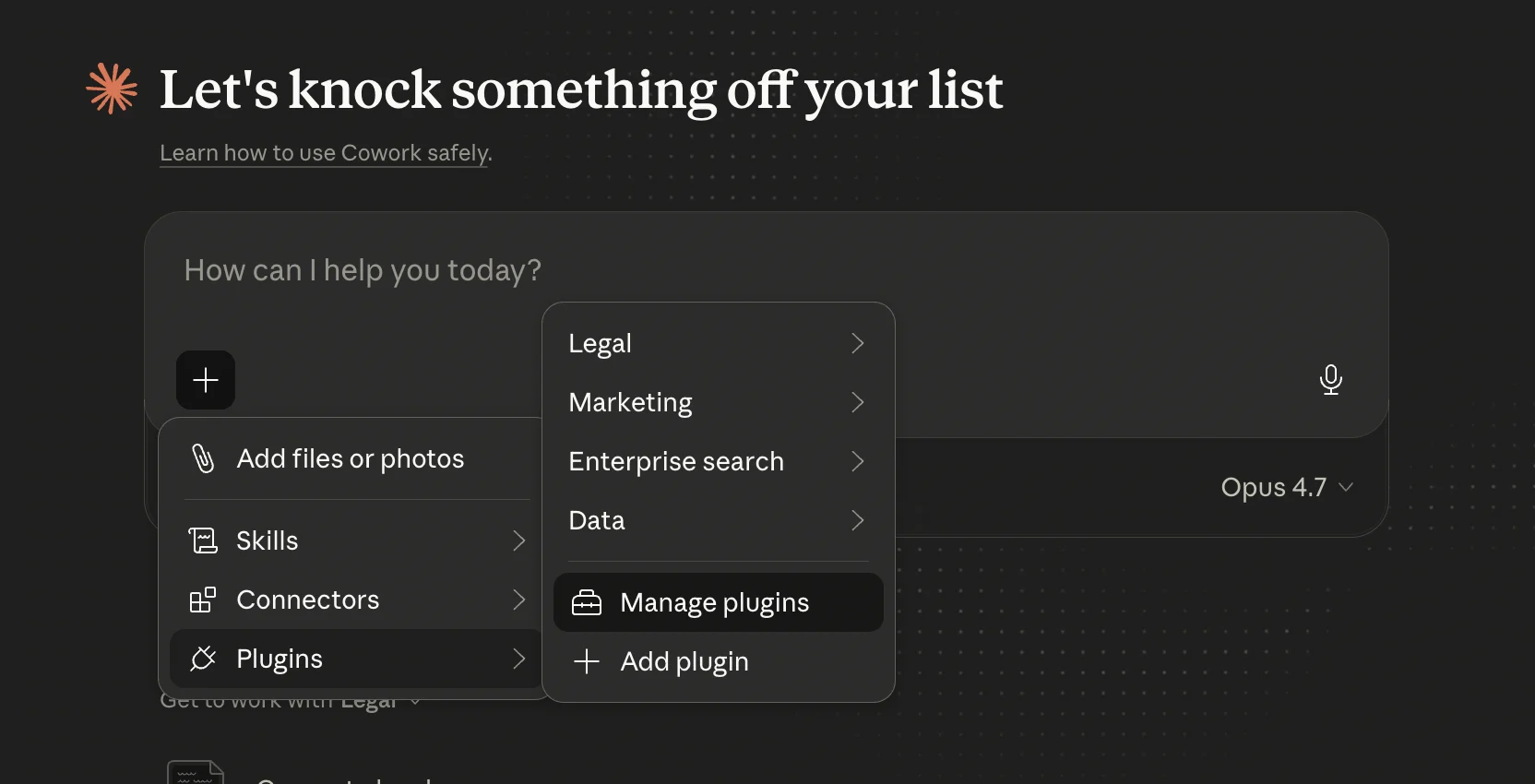Cowork new-task input with the + menu open showing Plugins > Manage plugins