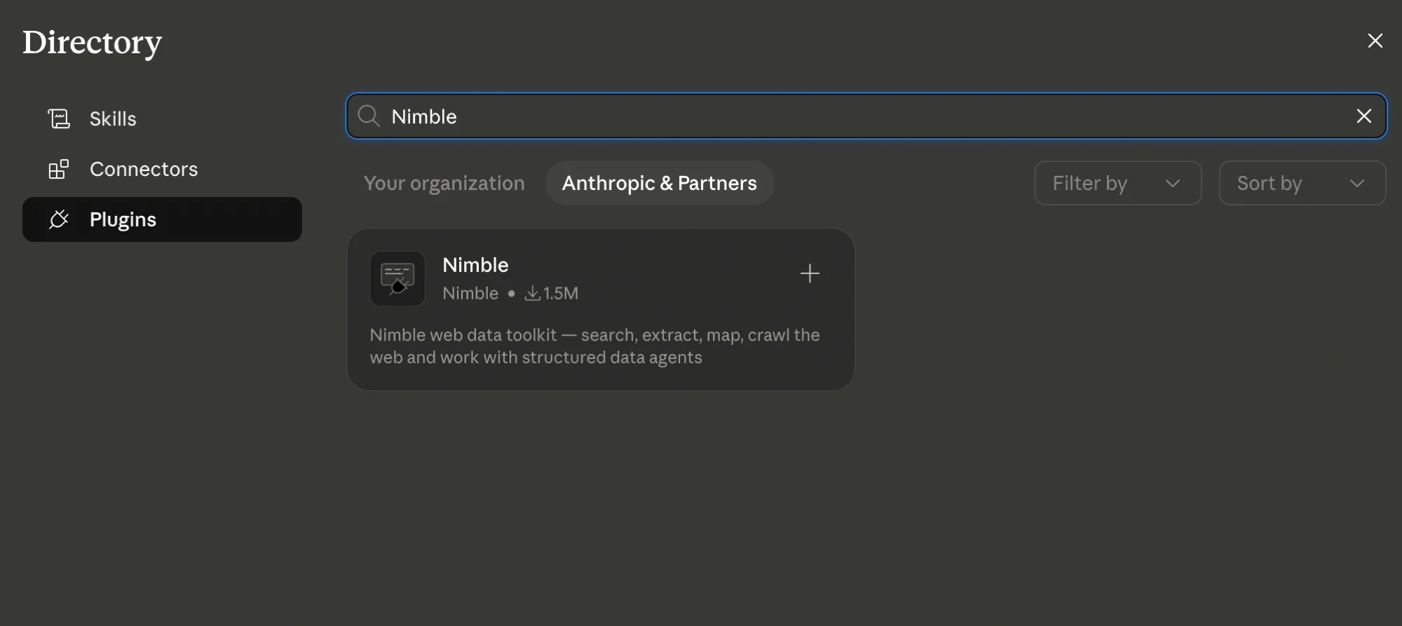 Directory with Plugins tab and Anthropic & Partners filter, search 'Nimble' showing the Nimble plugin card