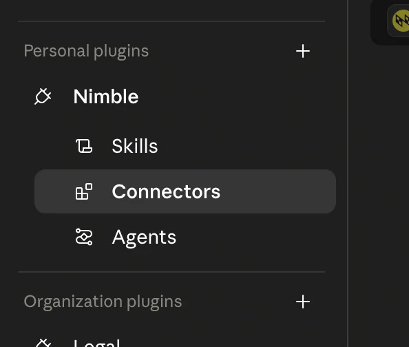 Customize sidebar showing the installed Nimble plugin with Skills, Connectors, and Agents sub-items