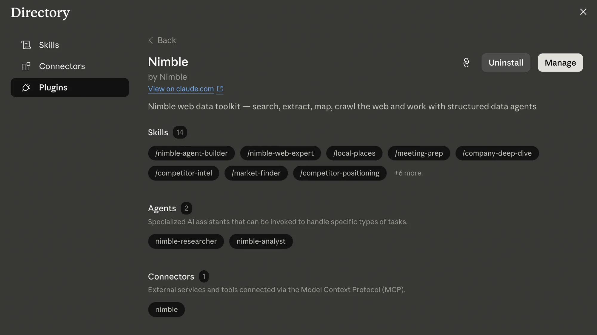 Nimble plugin detail page showing 14 skills, 2 agents, and 1 MCP connector