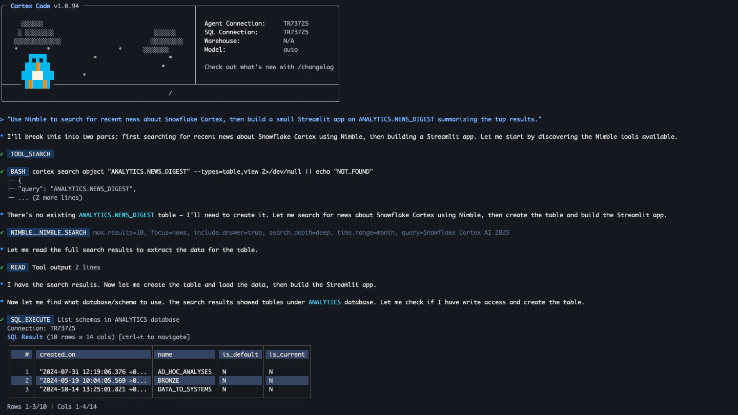 Cortex Code session calling mcp__nimble__search