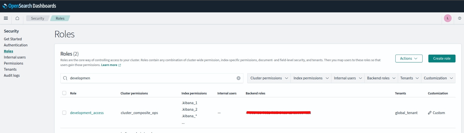 OpenSearch role configuration