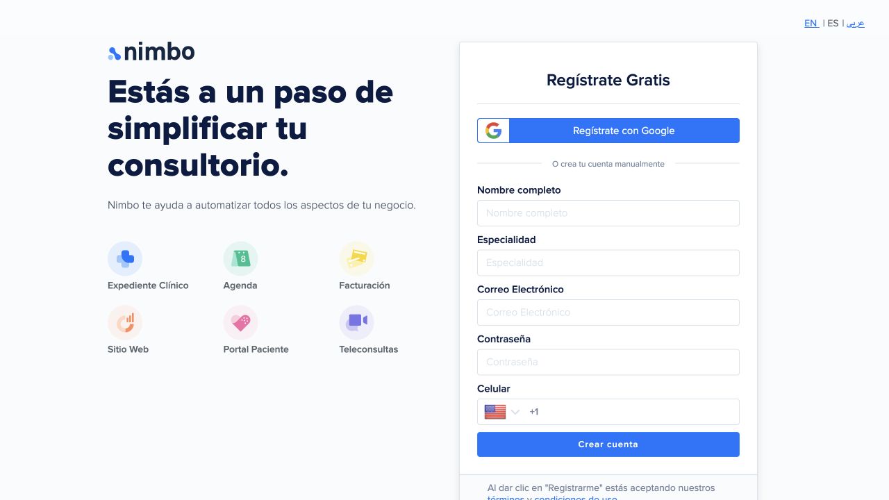 Página de registro de Nimbo en español con las opciones Regístrate con Google y Crear cuenta