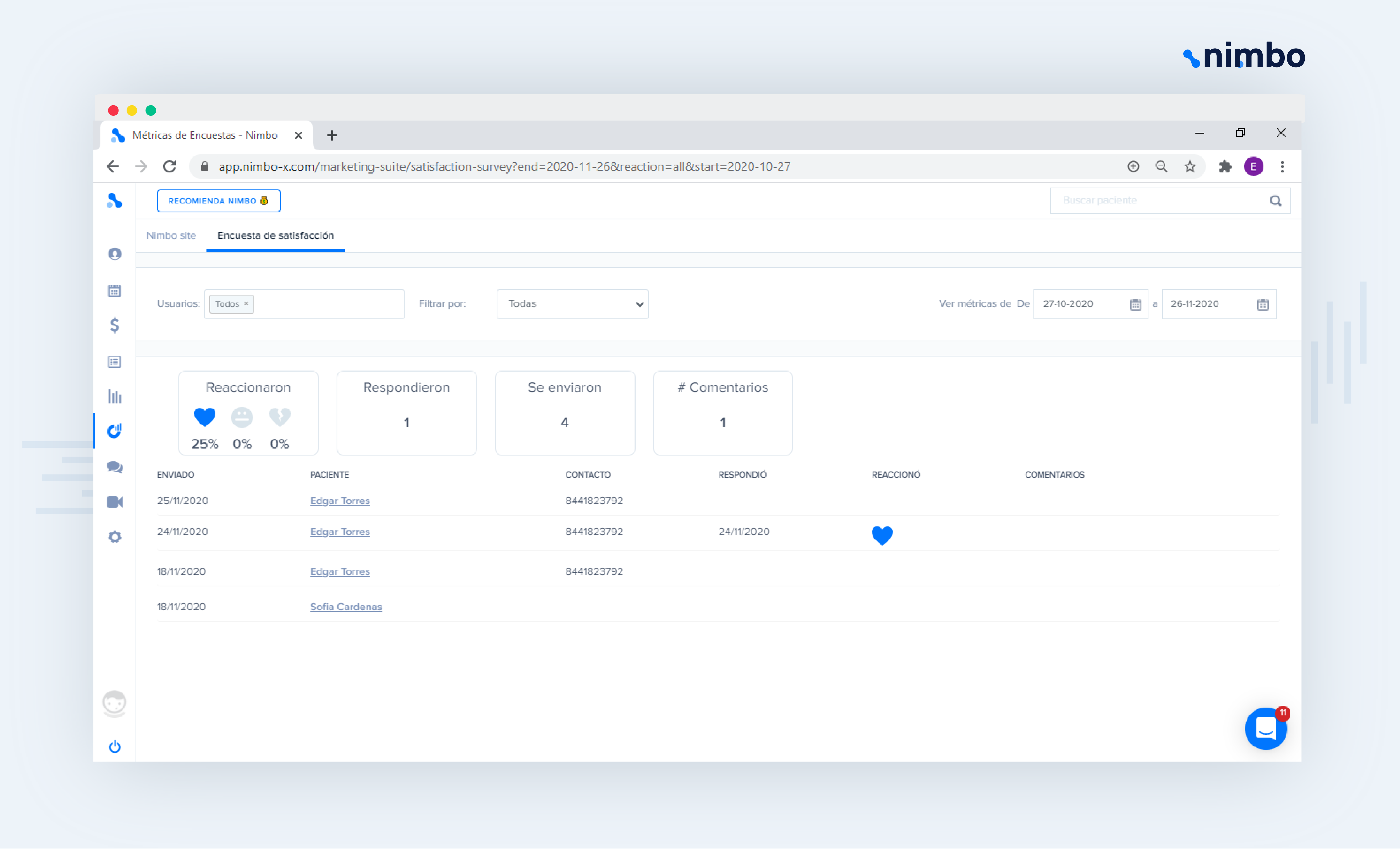 Vista del reporte de encuestas de satisfacción en Nimbo Marketing