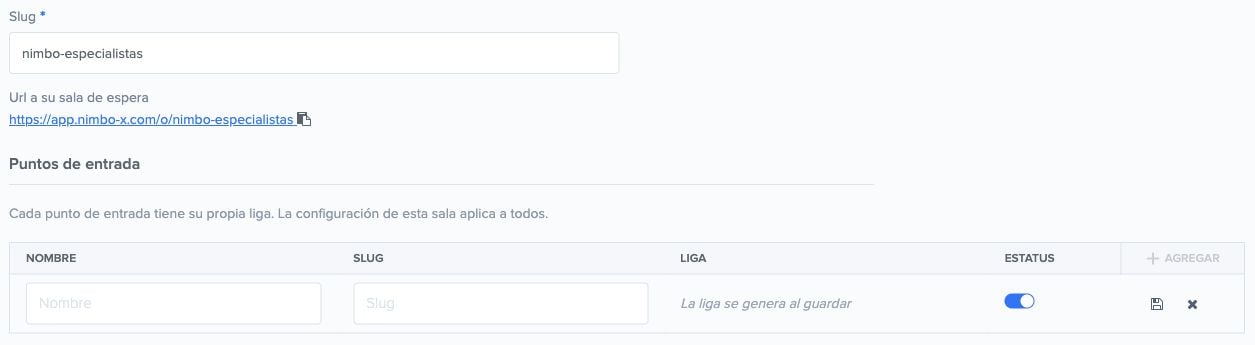 Sala de espera en Nimbo con su enlace principal y campos Nombre, Slug y Estatus para un punto de entrada