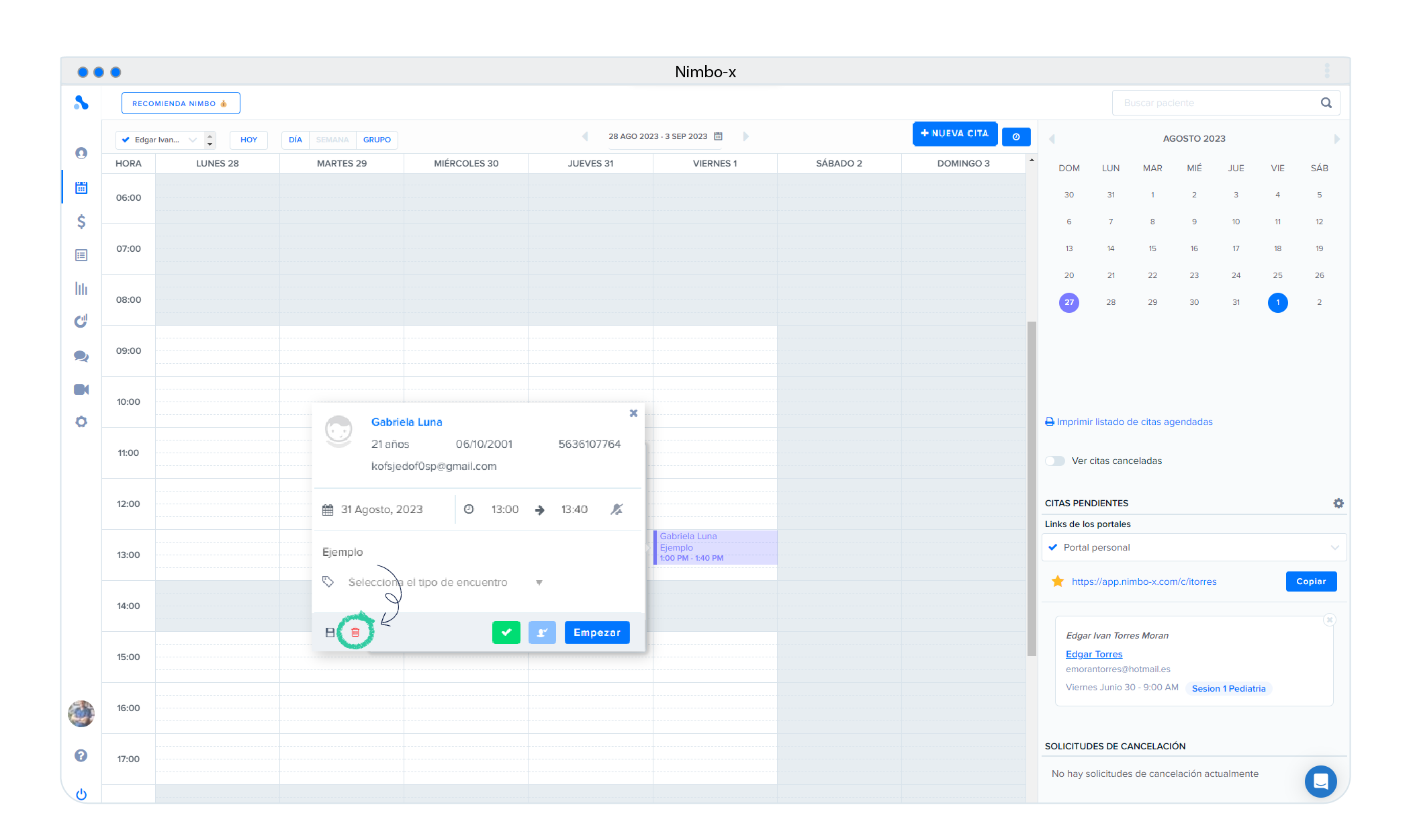 Botón para cancelar cita