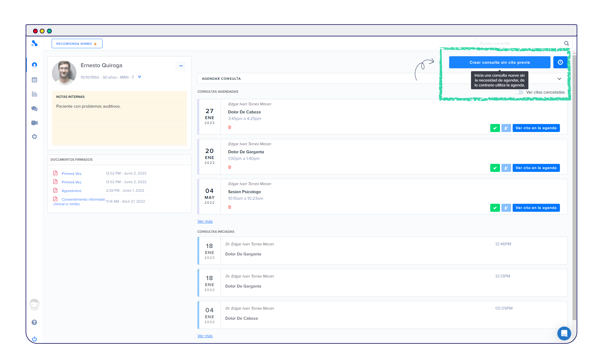 Opción para crear consulta sin cita