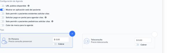 Opciones URL público disponible y Mostrar en aplicación web del paciente en una agenda compartida