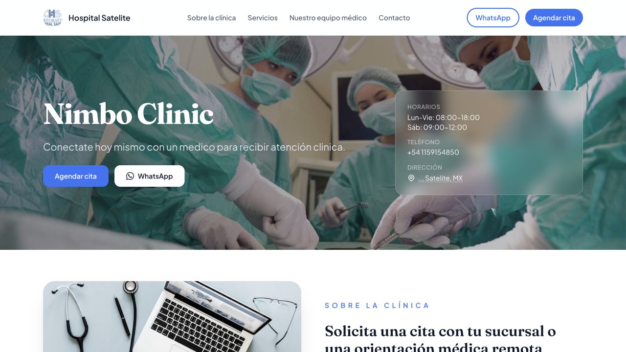 Ejemplo de Sitio Completo de Nimbo Sites con encabezado, menú, datos de contacto y botones para agendar una cita y usar WhatsApp