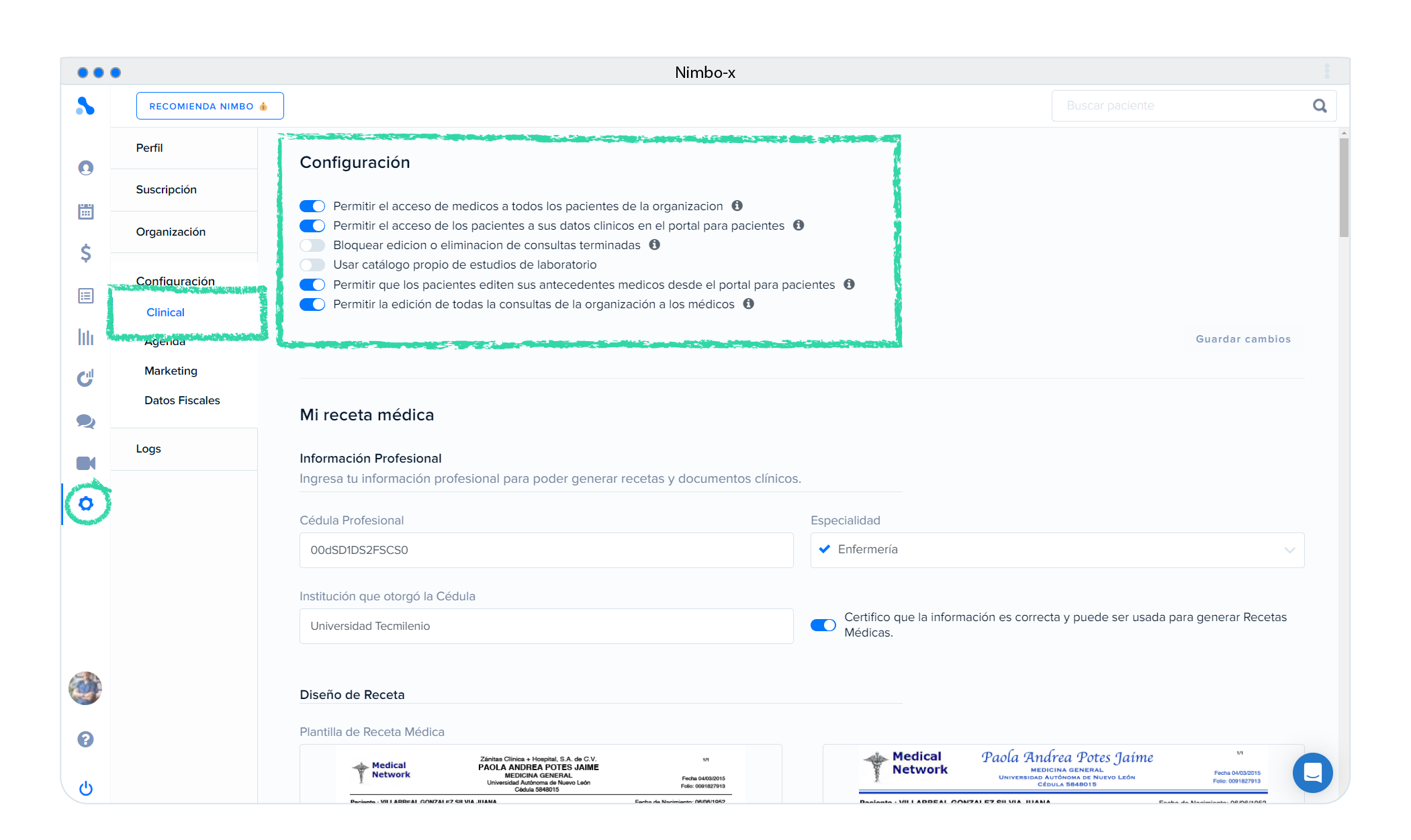 Seccion Clinical con configuraciones iniciales