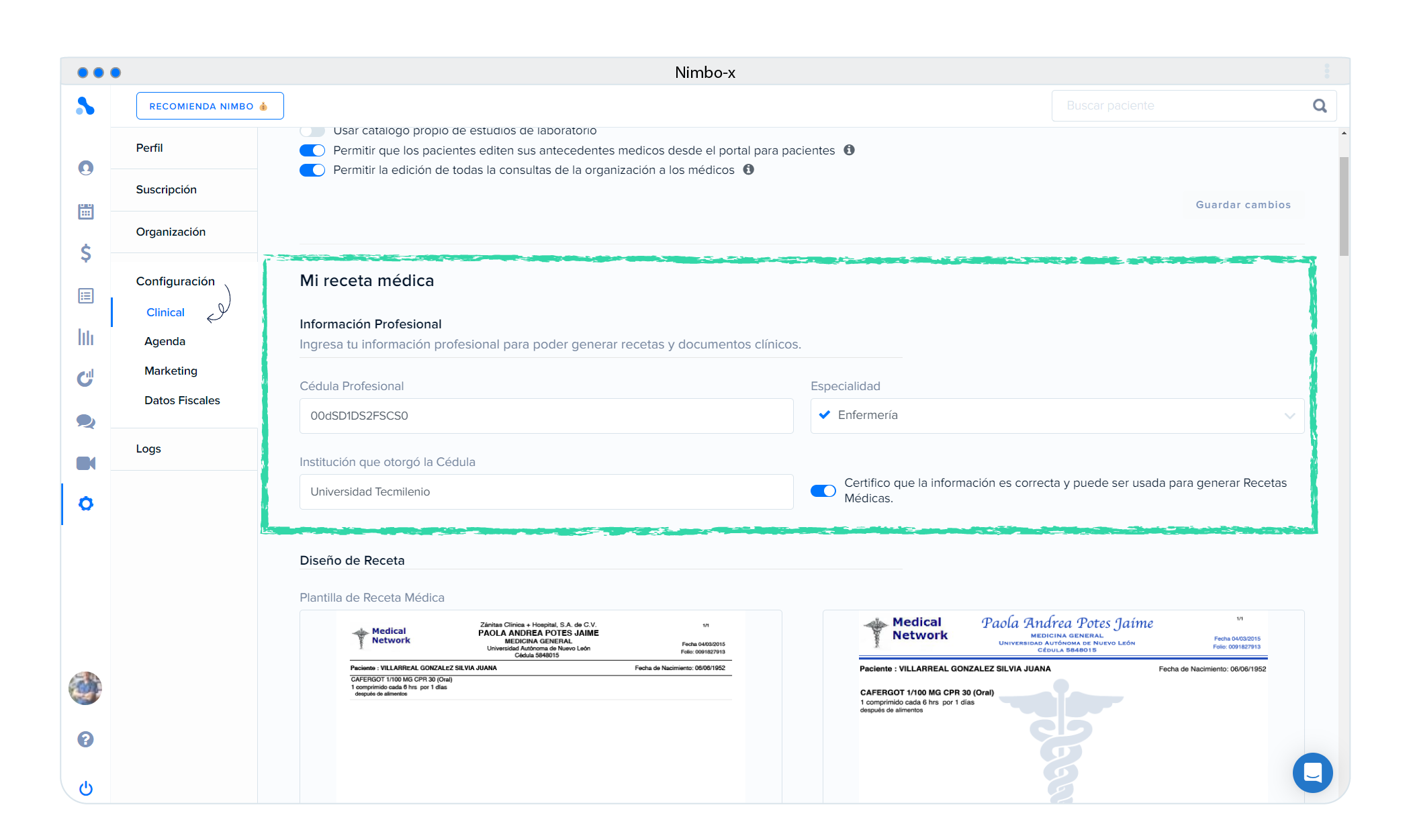 Configuracion de receta medica en Clinical
