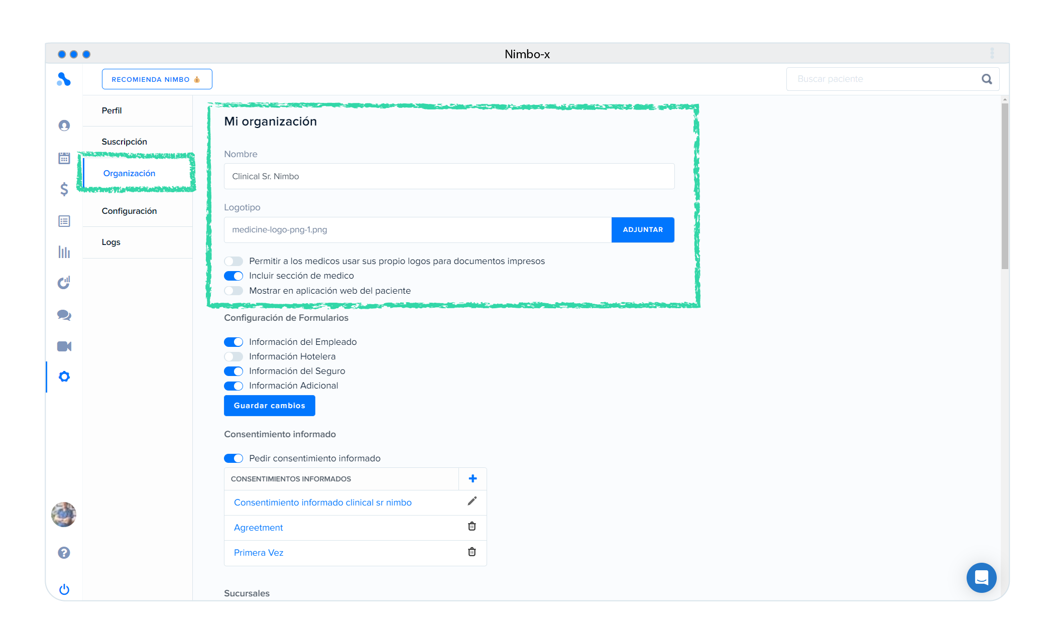 Pantalla de Mi organizacion con nombre y logotipo