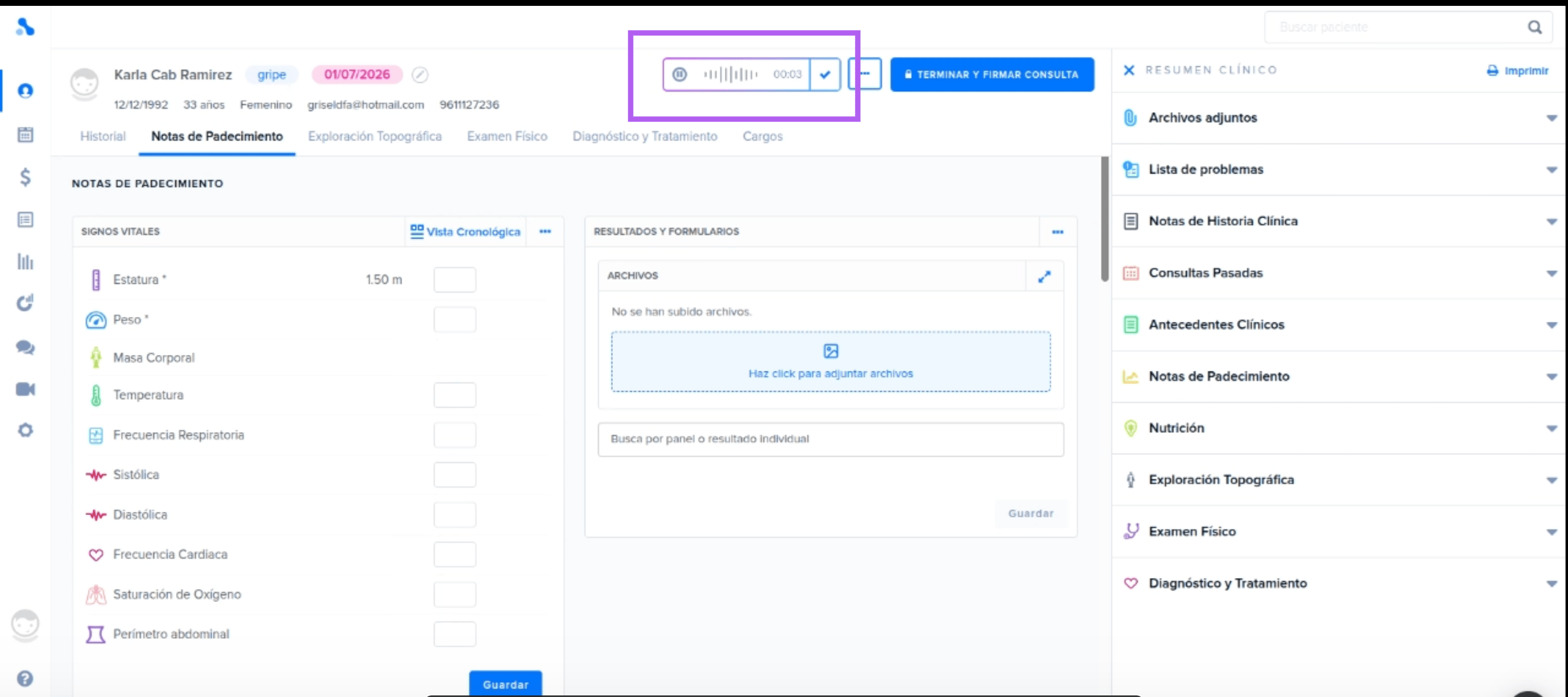 Controles para pausar, reanudar y finalizar una grabación de Nimbo Scribe