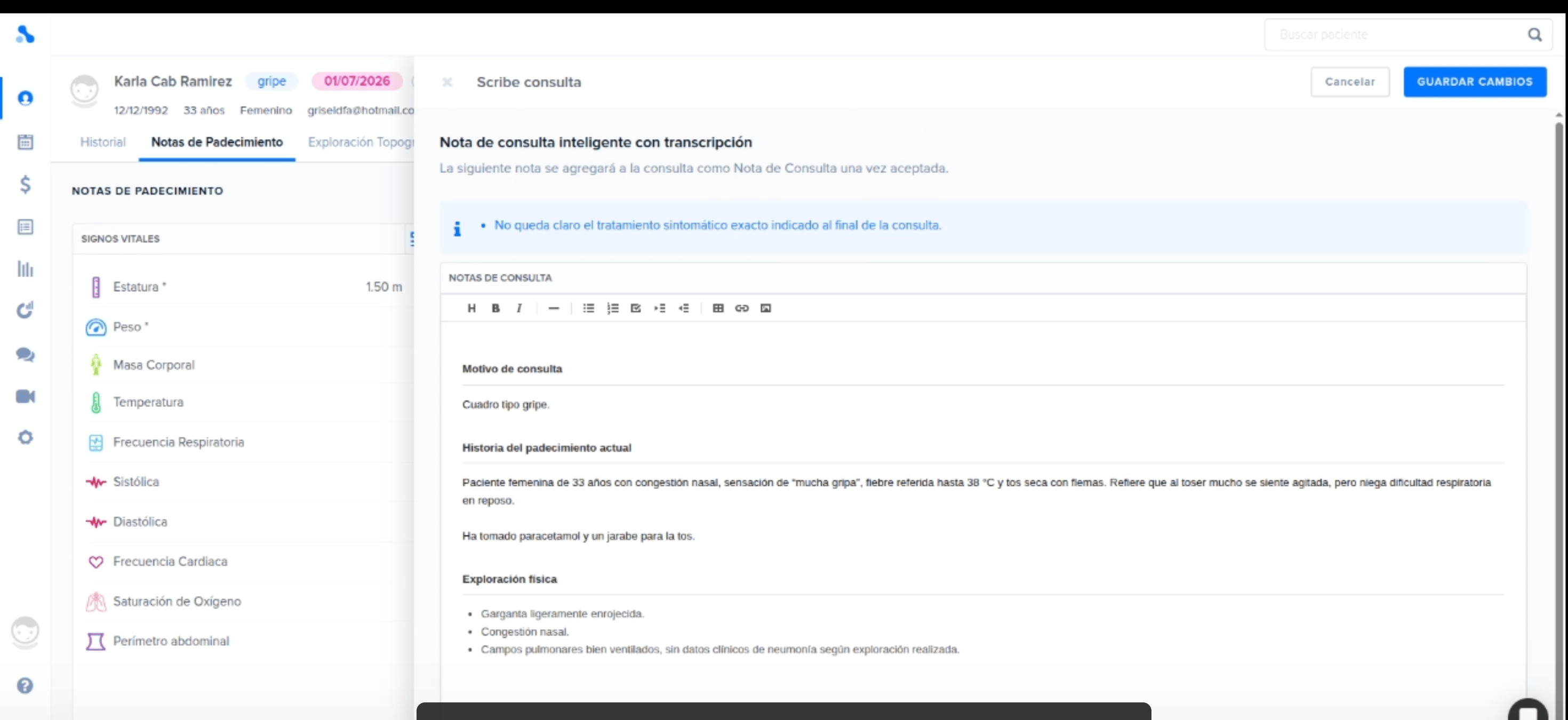 Panel de revisión de Nimbo Scribe con una nota editable y un recuadro azul de información por confirmar