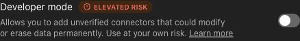 ChatGPT's Developer mode setting with its elevated-risk warning and the switch off.