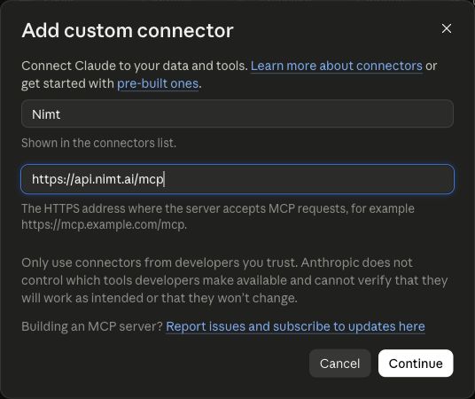 Claude's Add custom connector dialog filled with the name Nimt and https://api.nimt.ai/mcp.