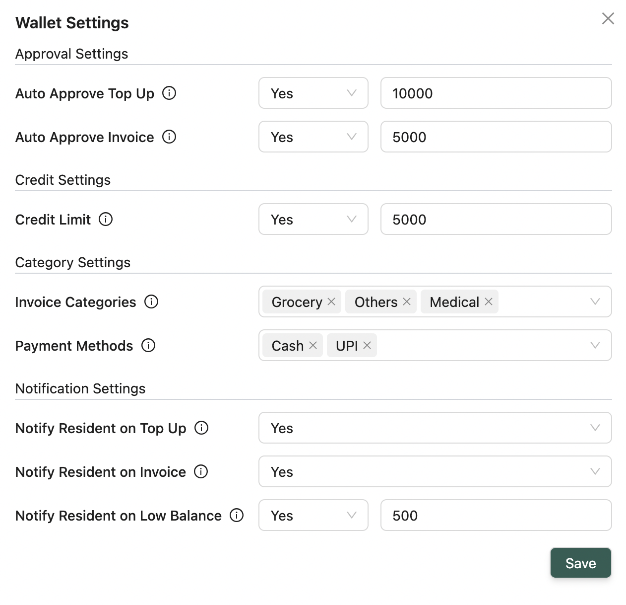 Facility wallet settings