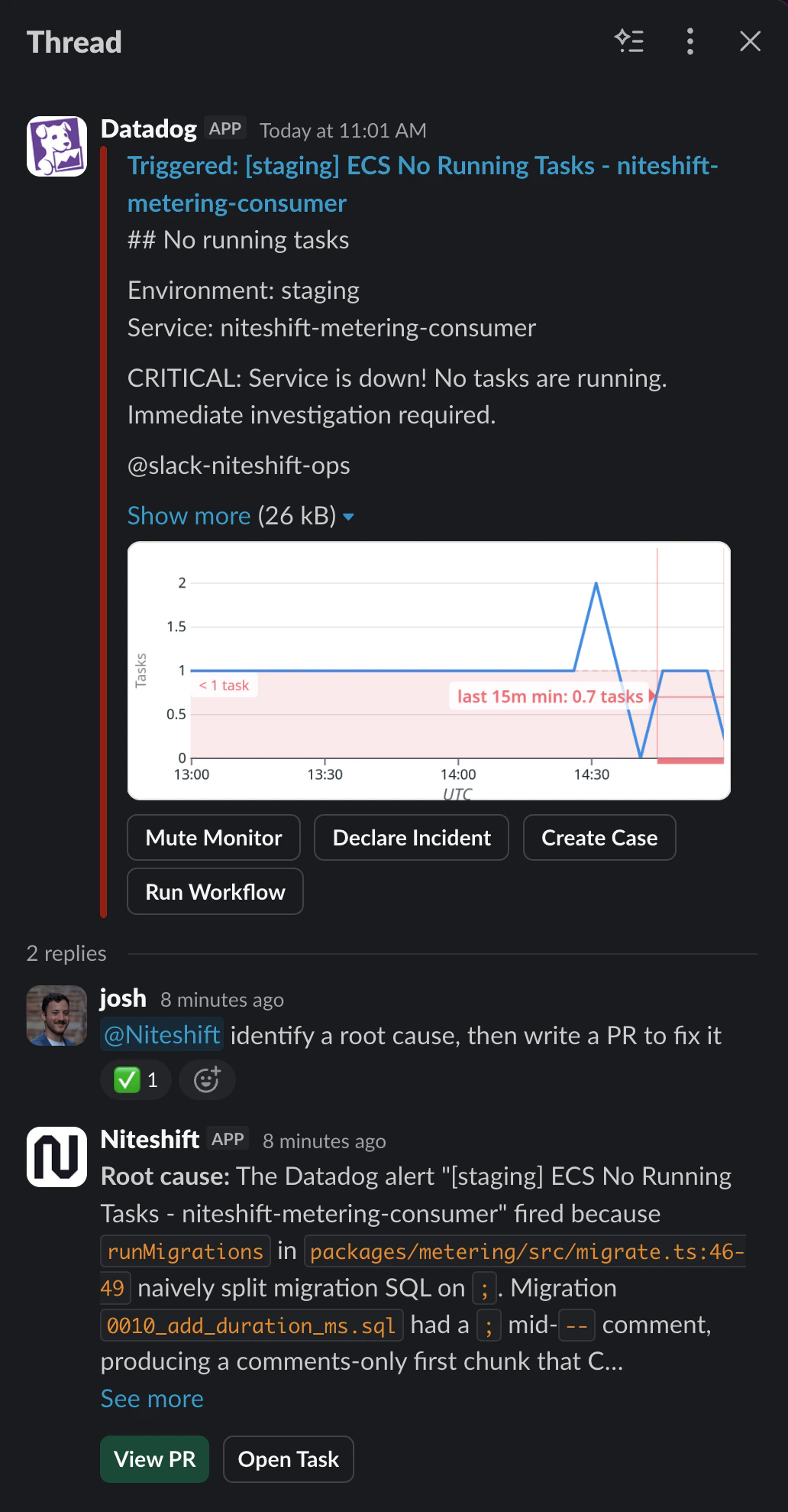 Slack thread with a Datadog alert, a user asking Niteshift to identify a root cause and open a pull request, and Niteshift responding with a root cause and task links.