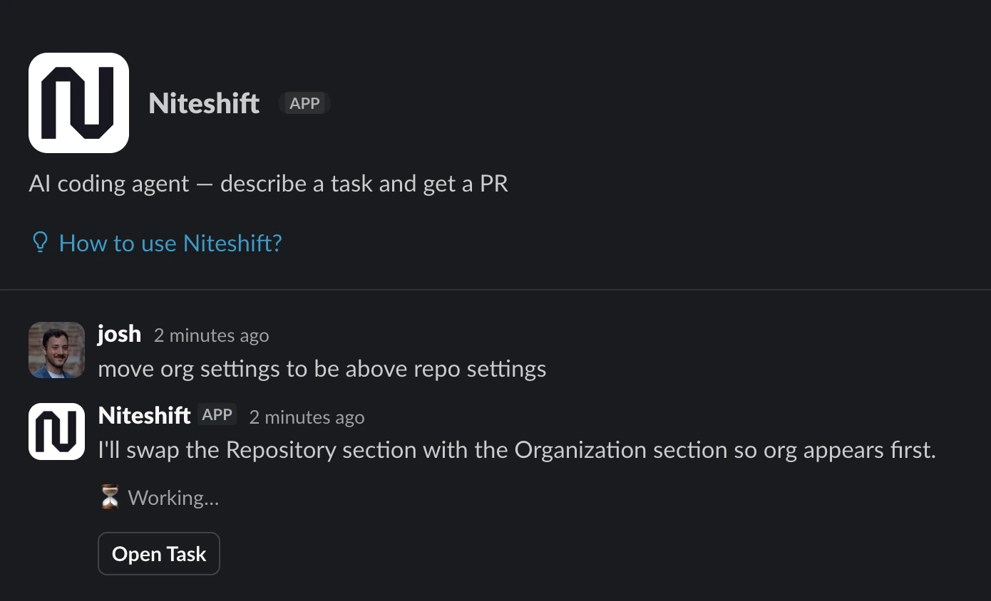 Slack direct message with Niteshift showing a user prompt and Niteshift starting work on the task.