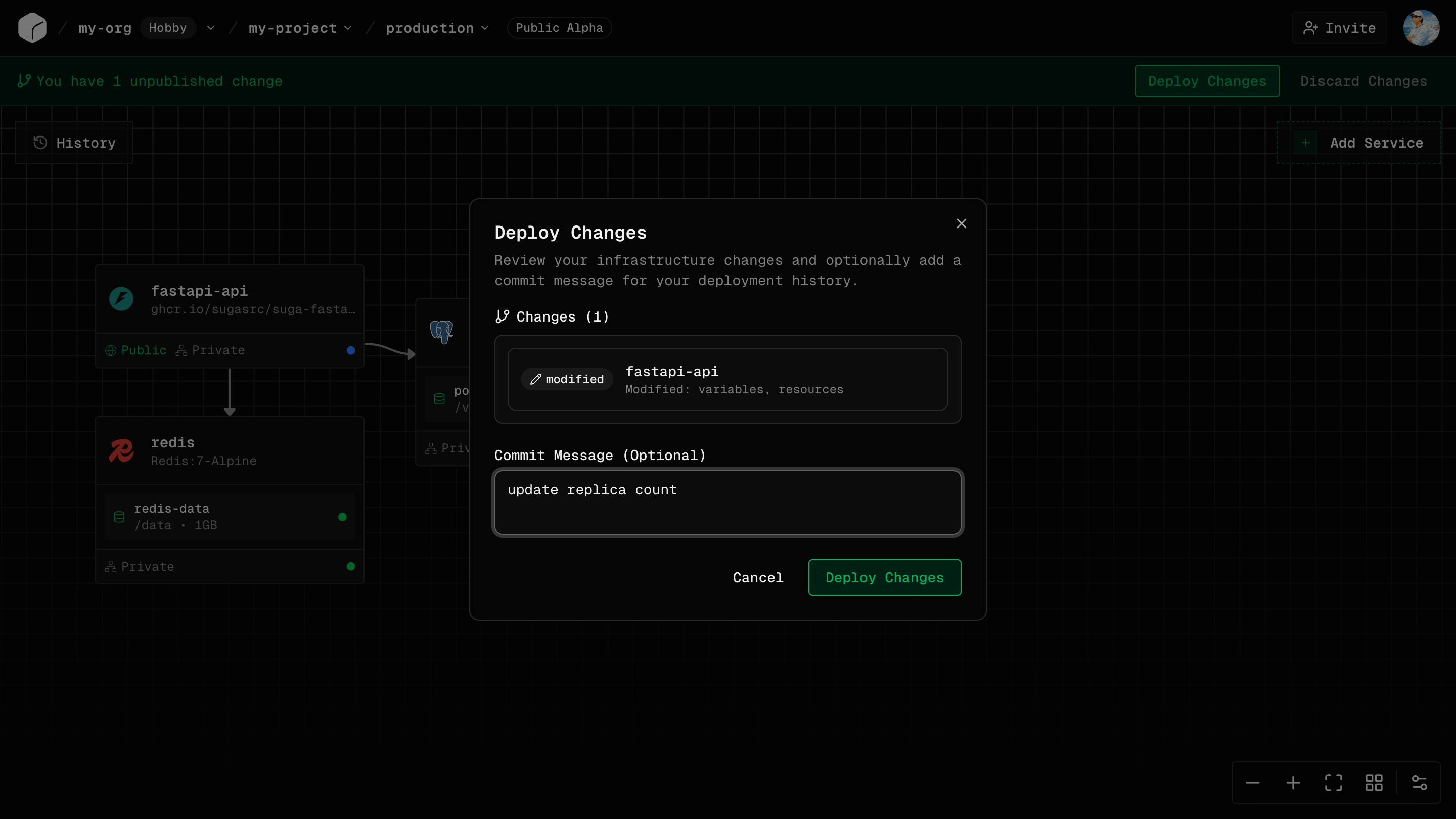 Deploy Changes modal with commit message