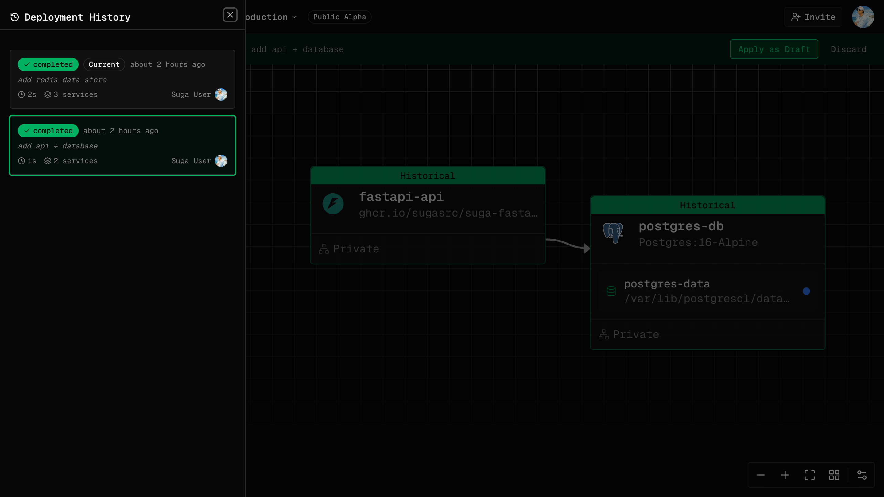 Deployment history panel showing previous deployments
