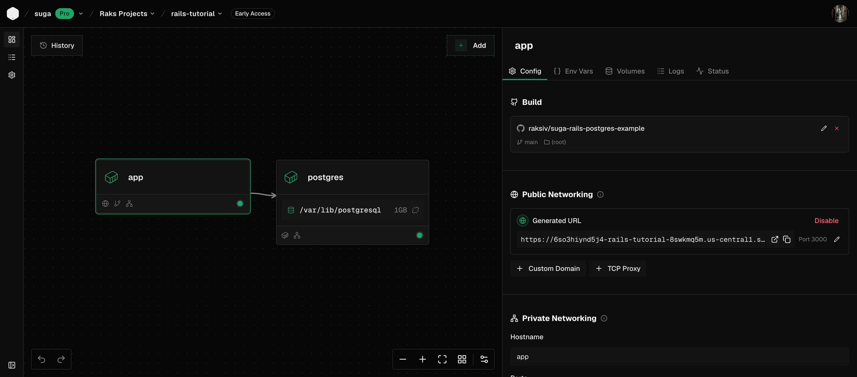 Suga canvas showing postgres and app containers wired together with the postgres data volume attached and the app container's build repo visible in the properties panel