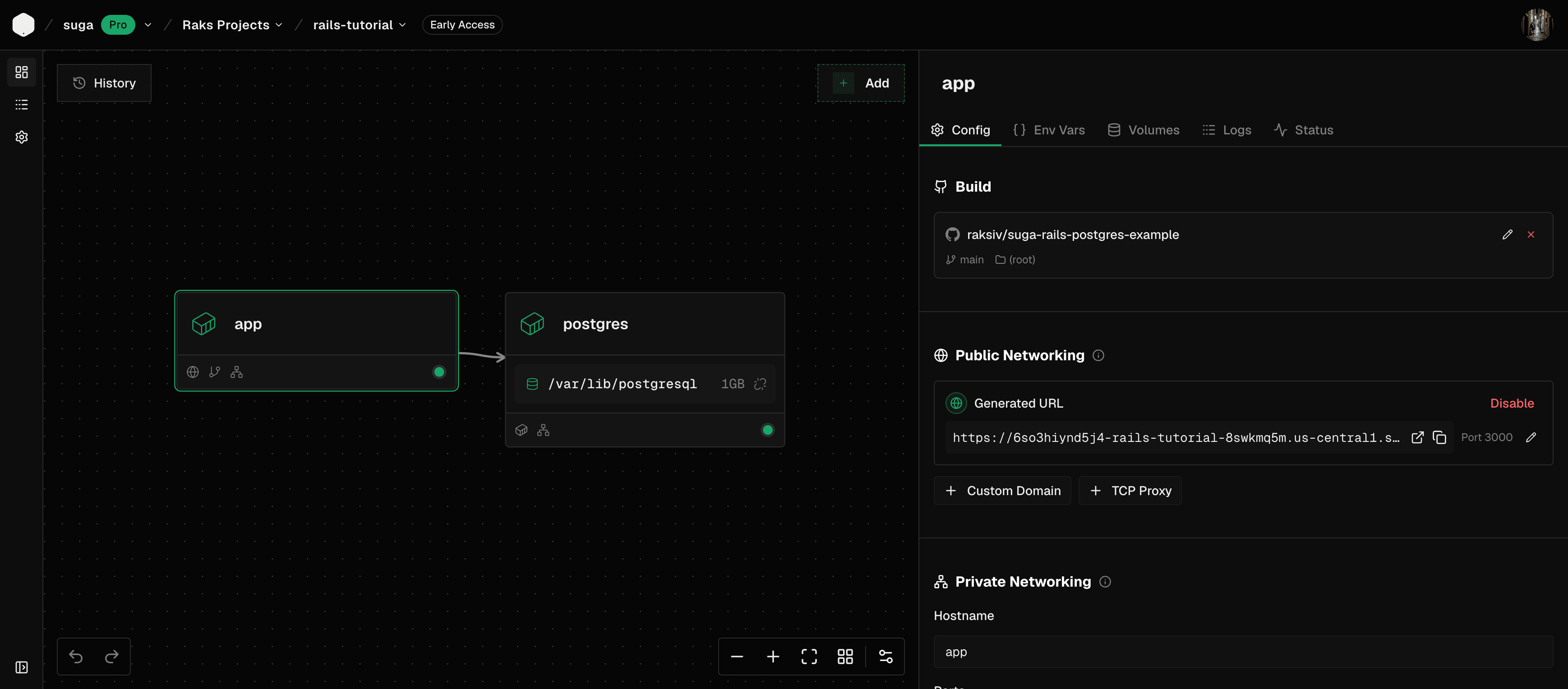 Suga canvas showing postgres and app containers wired together with the postgres data volume attached and the app container's build repo visible in the properties panel