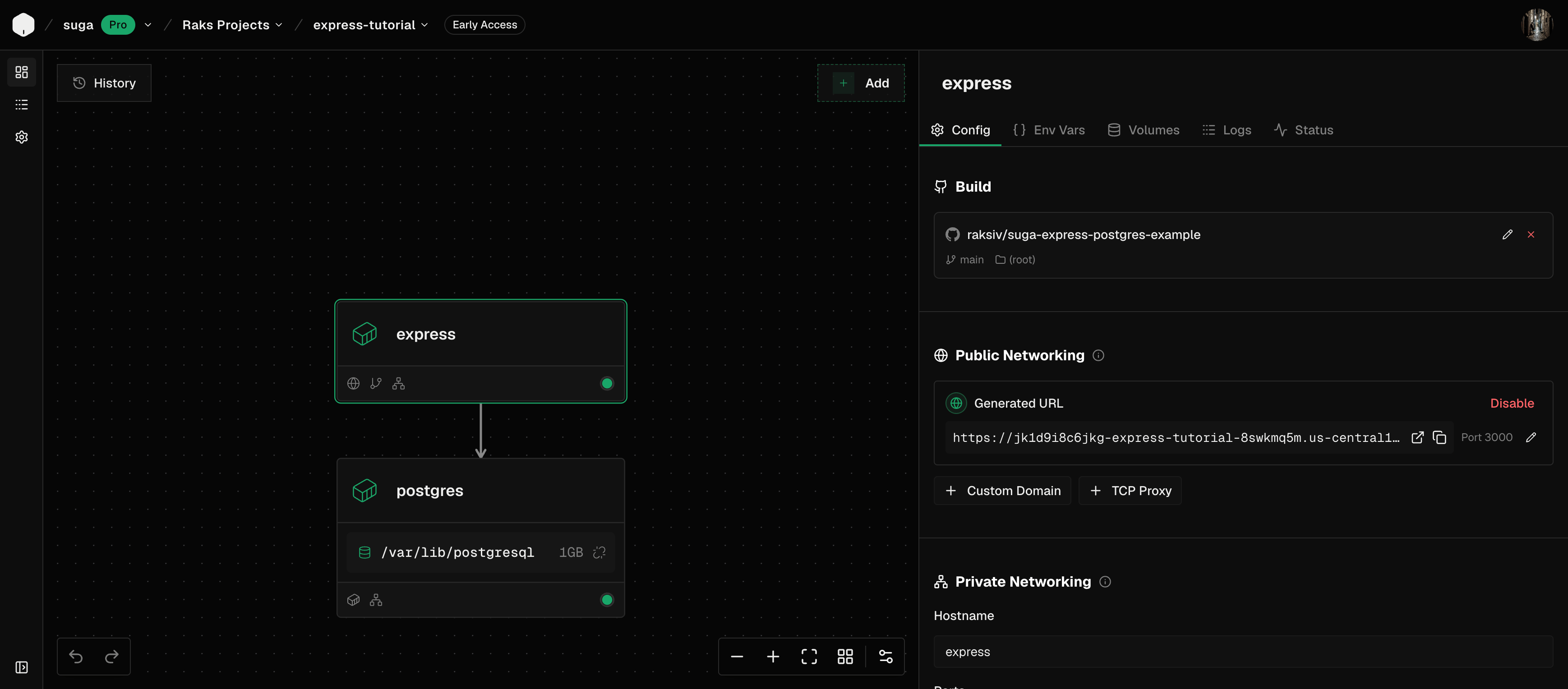 Suga canvas showing postgres and app containers wired together with the postgres data volume attached and the app container's build repo visible in the properties panel