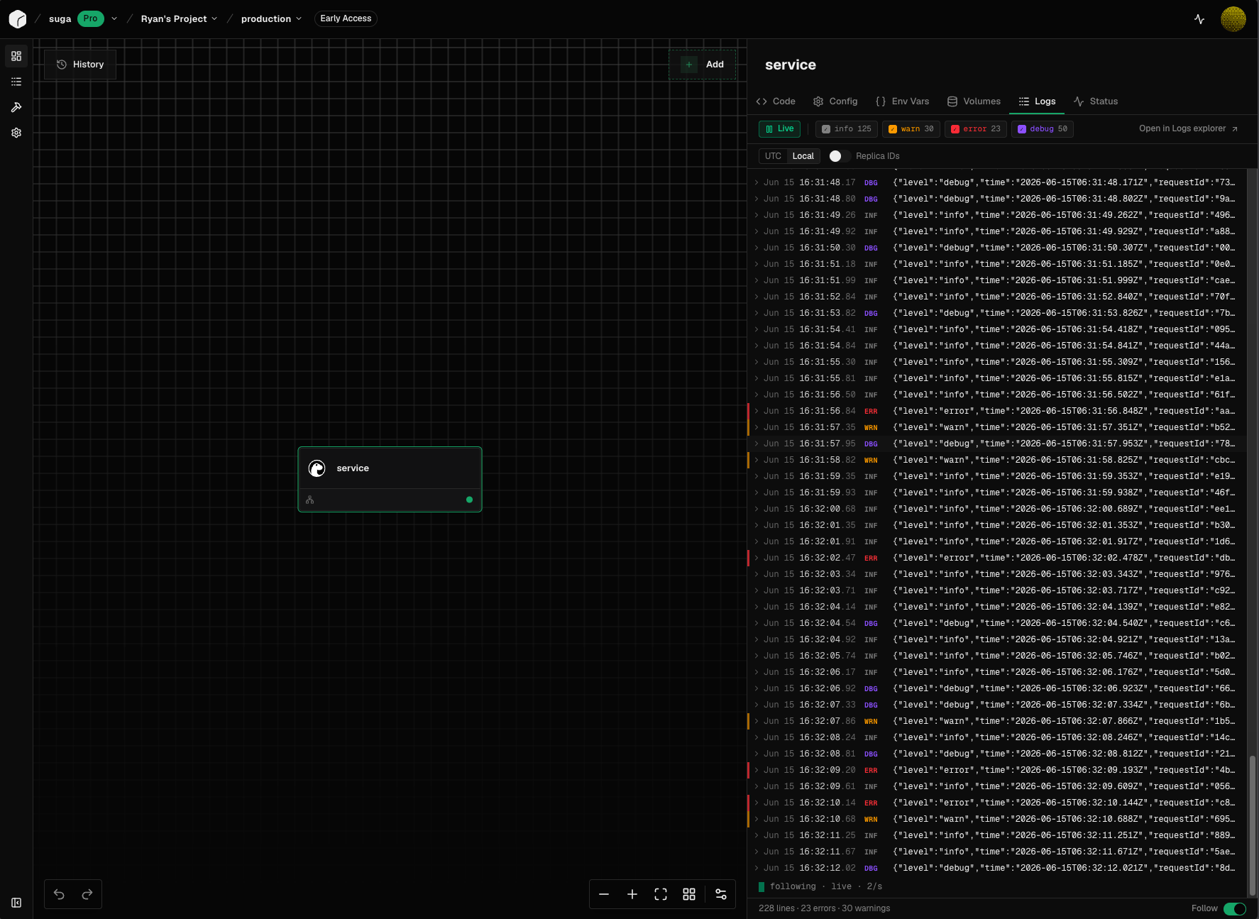 The Logs tab open in the service properties panel next to the service node on the canvas