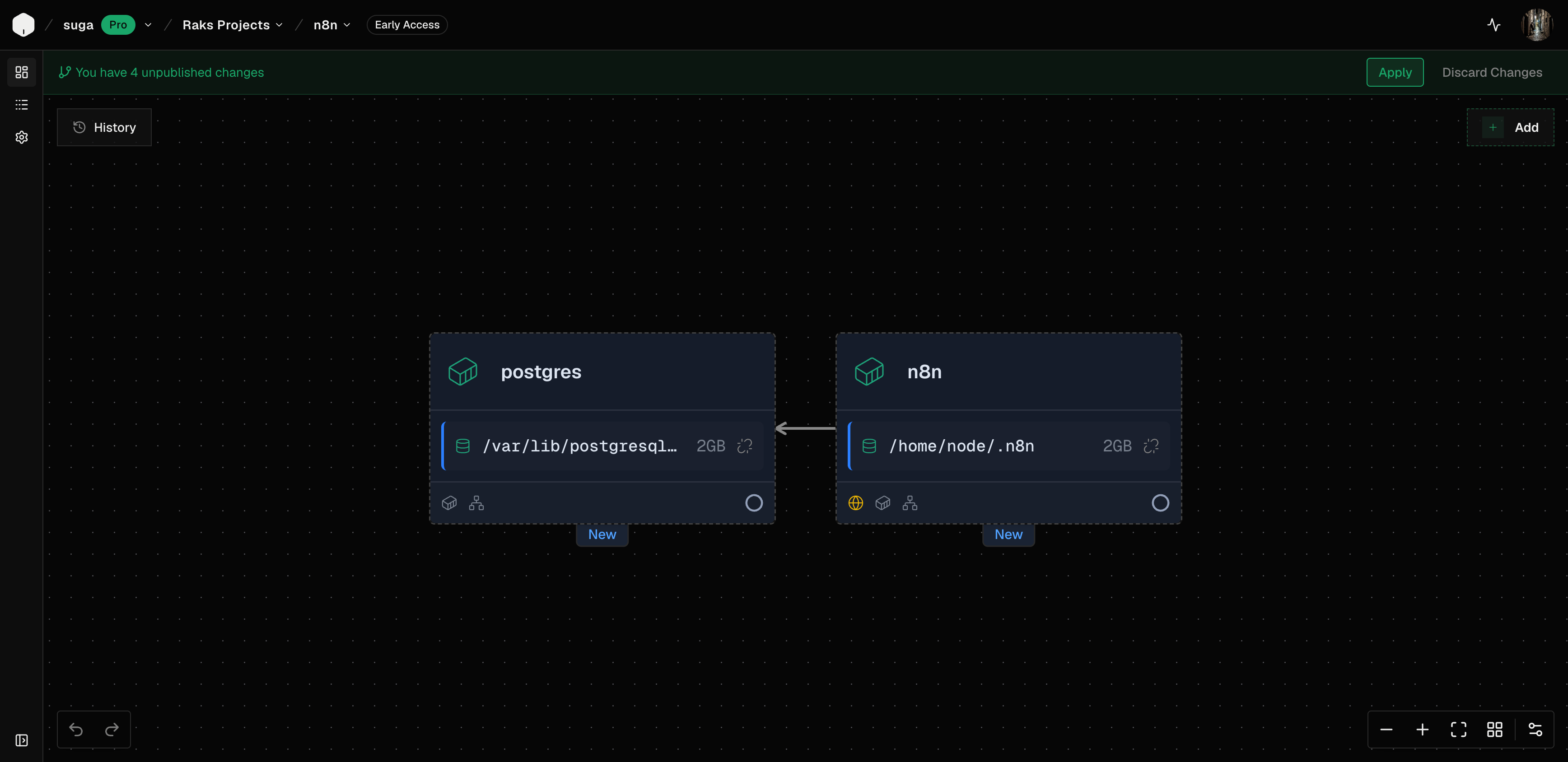 Suga canvas showing postgres and n8n containers with 2 GB volumes mounted at /var/lib/postgresql/data and /home/node/.n8n