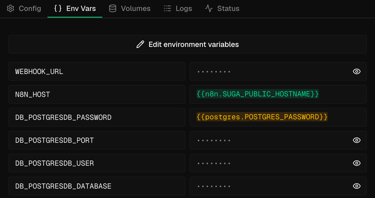 n8n Environment Variables panel showing DB_POSTGRESDB_PASSWORD referencing postgres.POSTGRES_PASSWORD and N8N_HOST referencing n8n.SUGA_PUBLIC_HOSTNAME