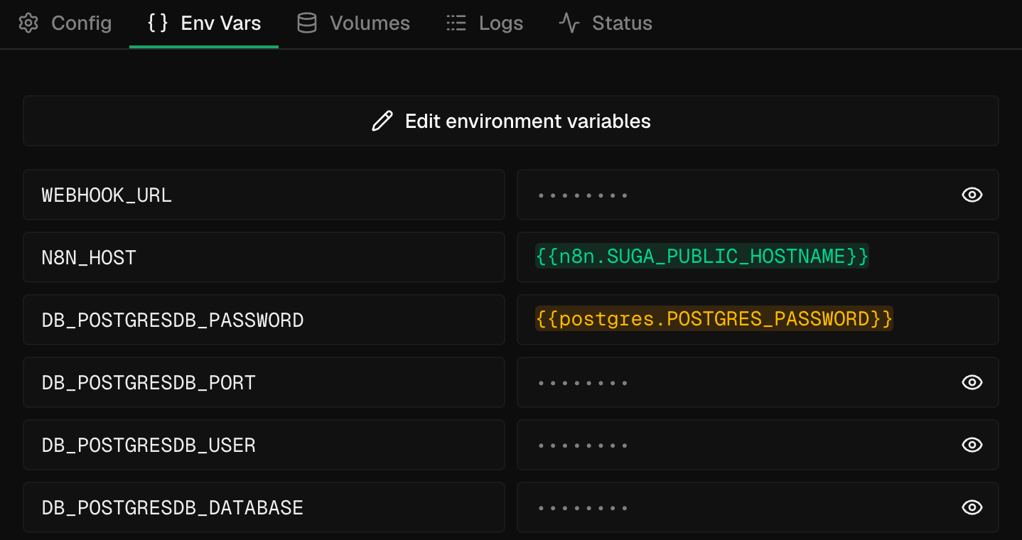 n8n Environment Variables panel showing DB_POSTGRESDB_PASSWORD referencing postgres.POSTGRES_PASSWORD and N8N_HOST referencing n8n.SUGA_PUBLIC_HOSTNAME