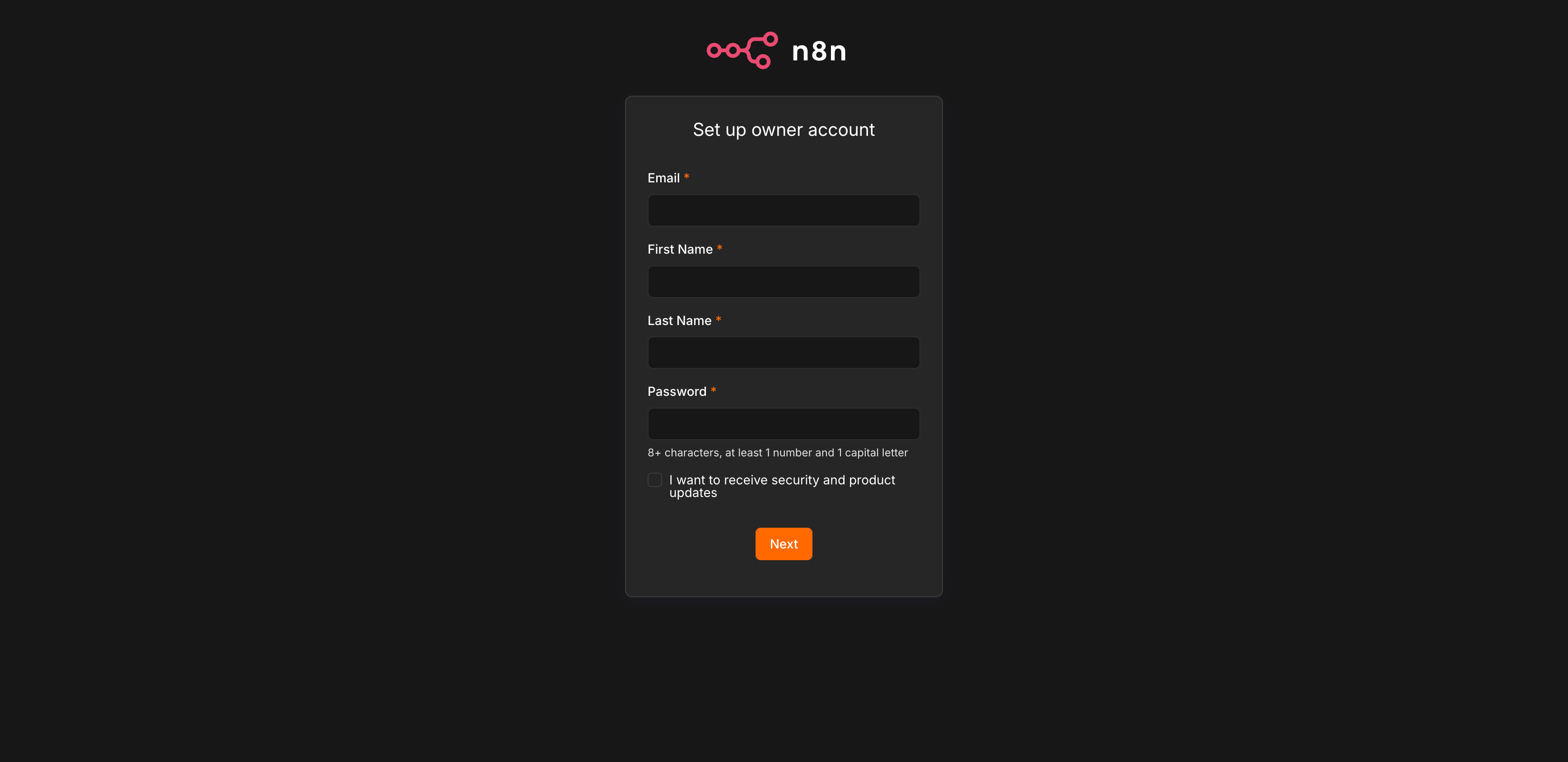 n8n's Set up owner account first-run screen served at the public URL after clicking Apply