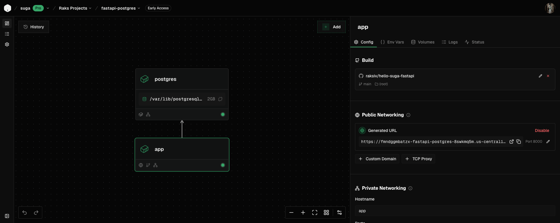 Suga canvas showing postgres and app containers wired together with the postgres data volume attached and the app container's build repo visible in the properties panel