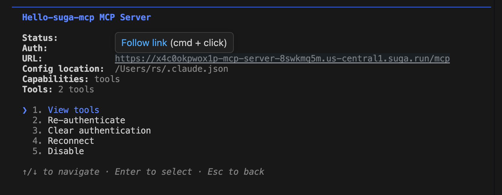 Claude Code /mcp panel showing the connected hello-suga-mcp server with 2 tools available